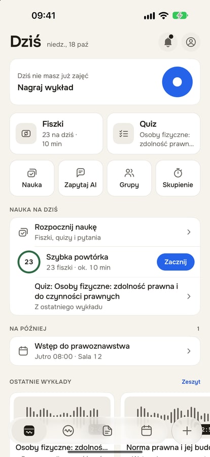 Ekran Dziś w aplikacji Noteway